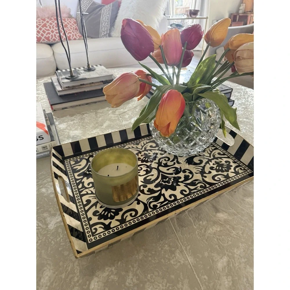Michel Design Works Black‎ Cream Damask Serving Tray Striped Handles 20